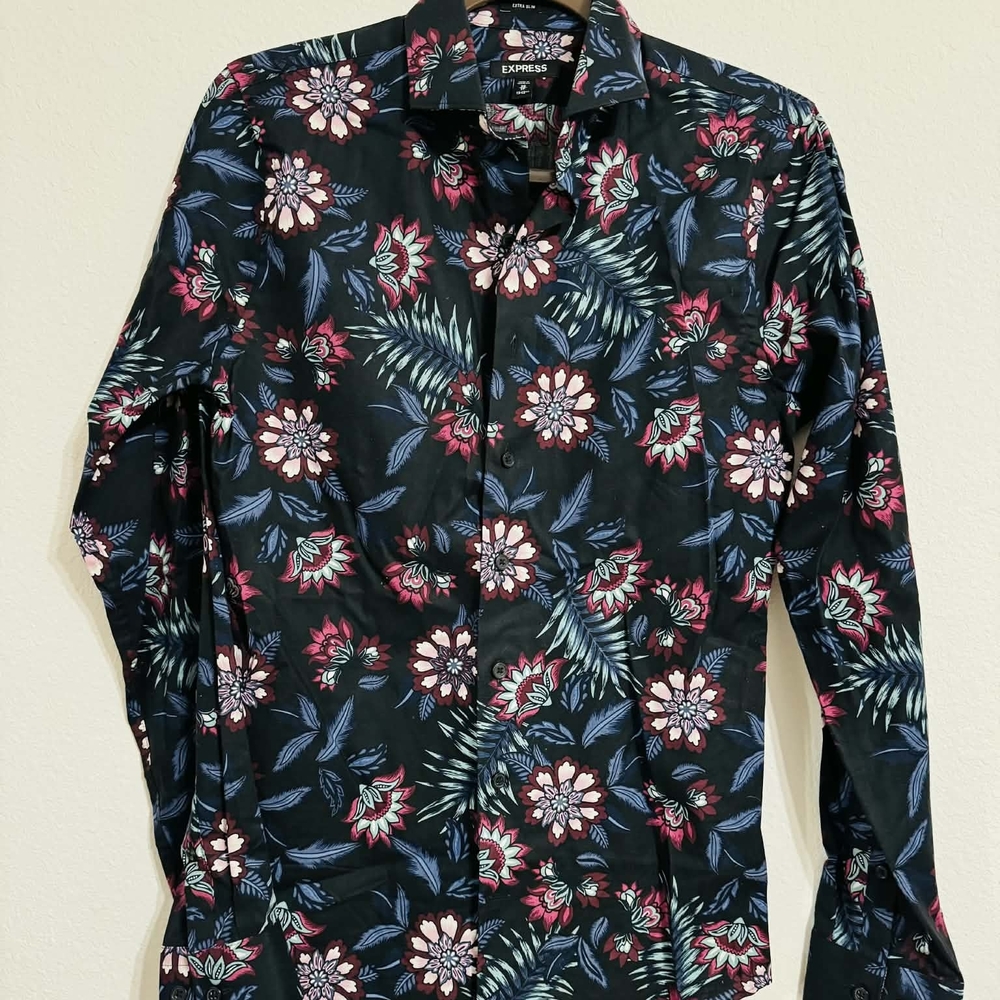 EXPRESS Floral Long Sleeve Button-Up Dress Shirt
